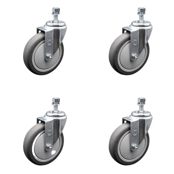 5 Inch SS Thermoplastic Rubber Wheel Swivel 1/2 Inch Threaded Stem Caster Set SCC